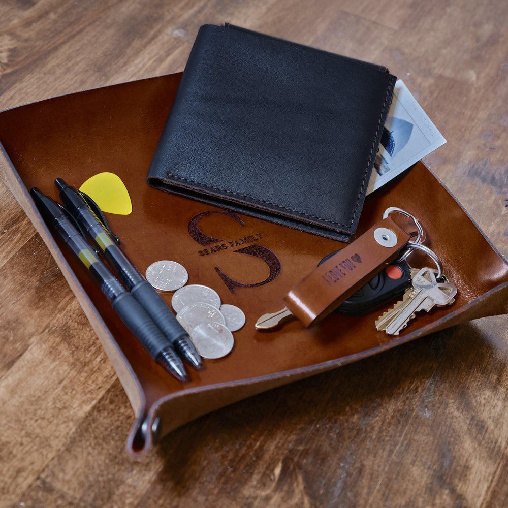 
                  
                    Brown Leather Catchall Tray with Keys and Wallet
                  
                
