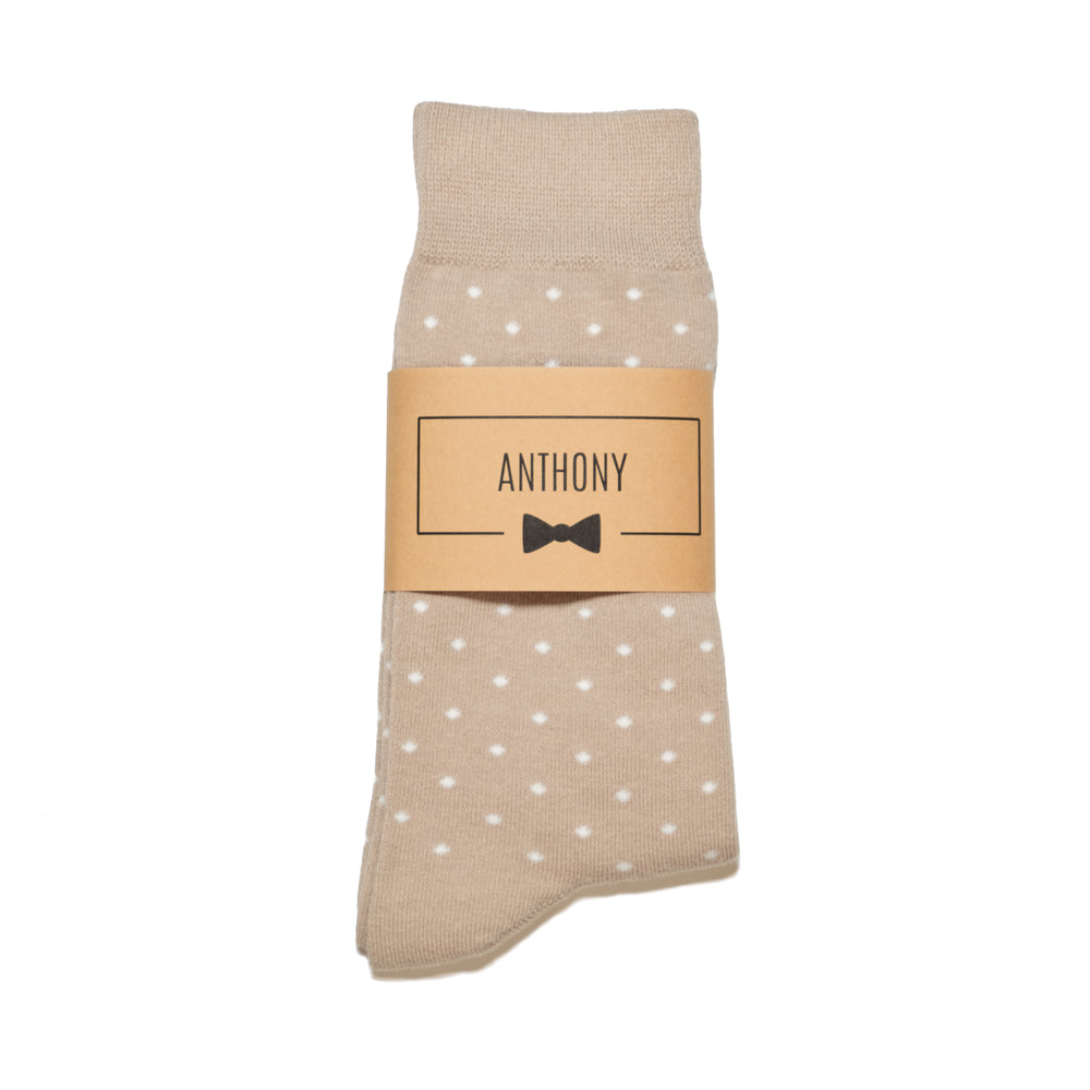 Light Brown Latte Polka Dot Dress Socks with Personalized Labels for Groomsmen Gifts