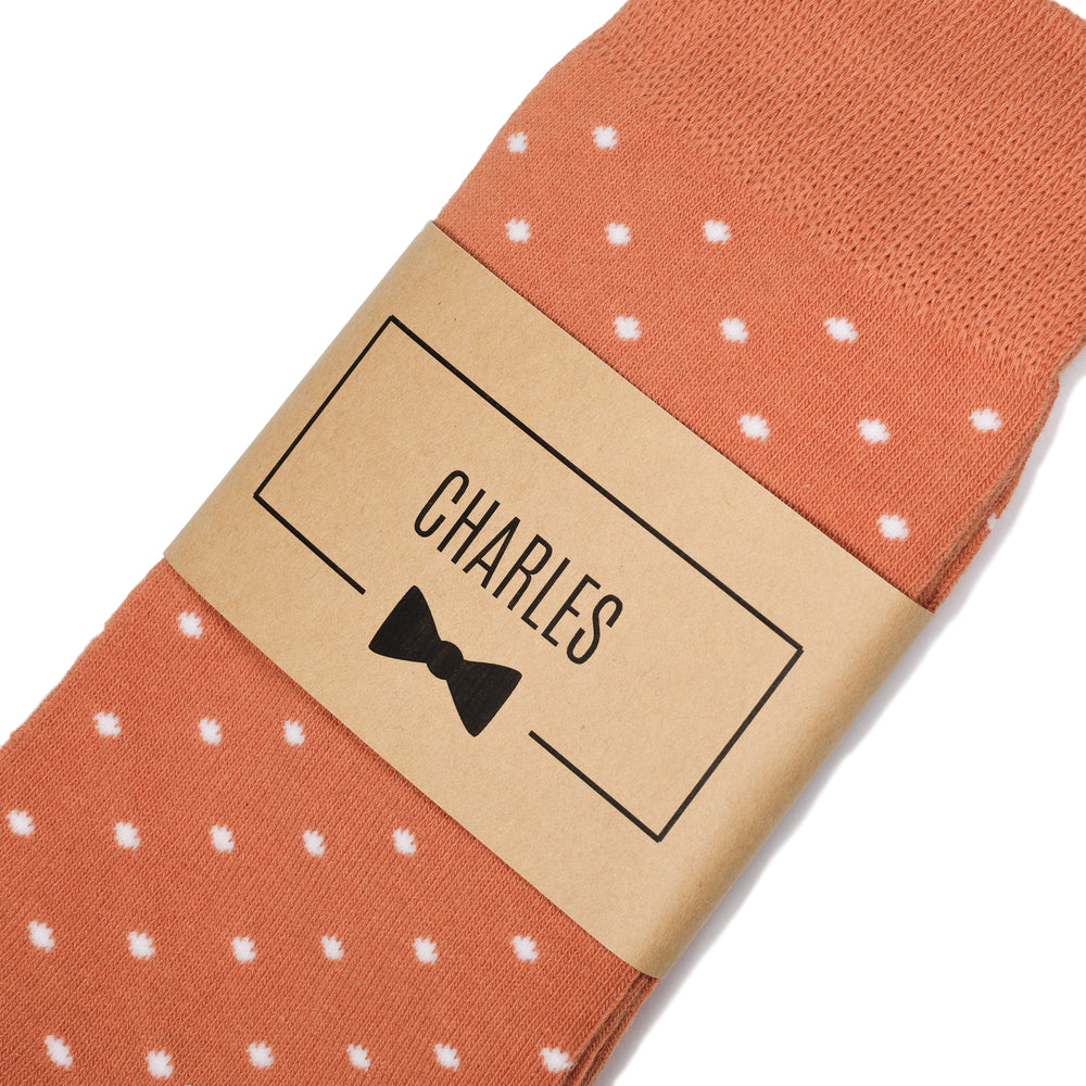 
                  
                    Burnt Orange Polka Dot Dress Socks with Personalized Labels for Groomsmen Gifts
                  
                