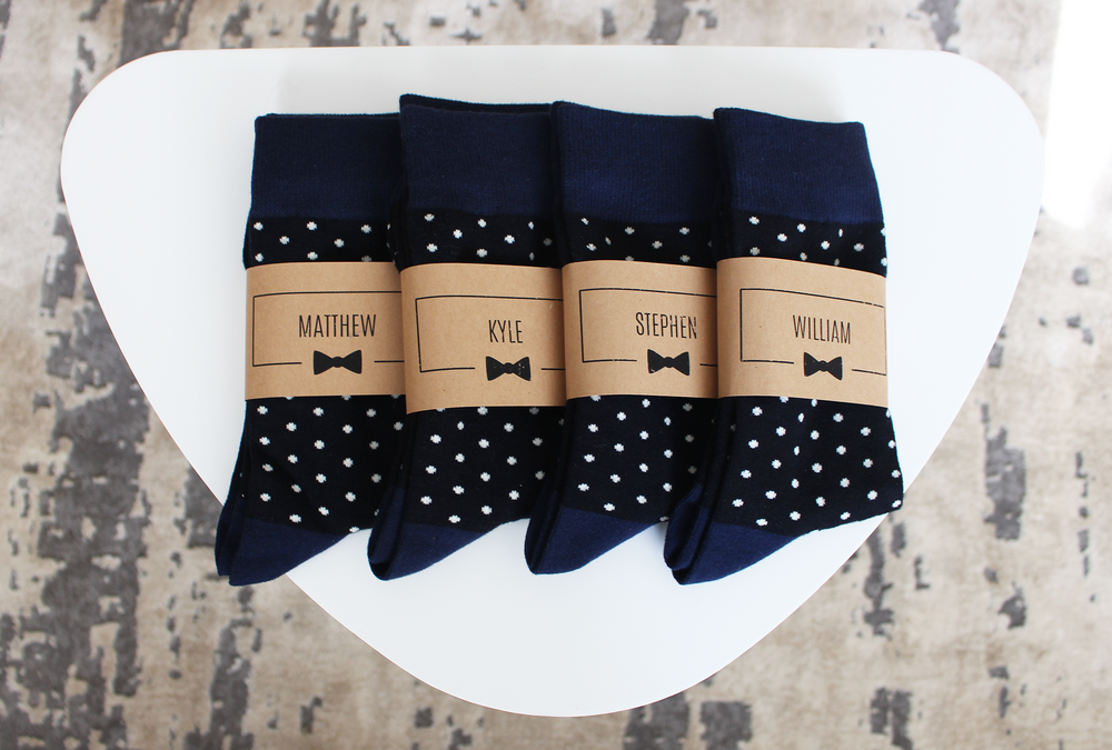 
                  
                    Navy Polka Dot Groomsmen Socks with Personalized Labels by Groomsman Gear
                  
                
