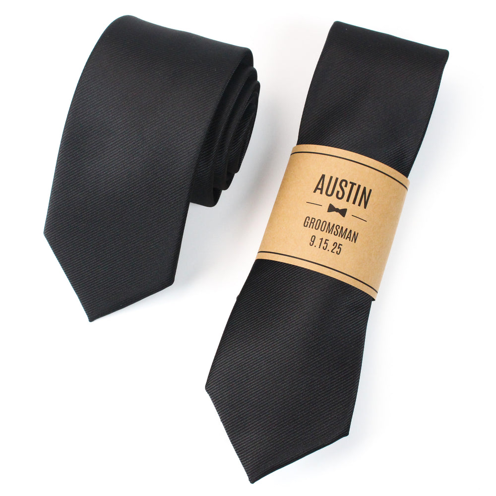 
                  
                    Black Solid Grosgrain Wedding Tie with Personalized Label
                  
                