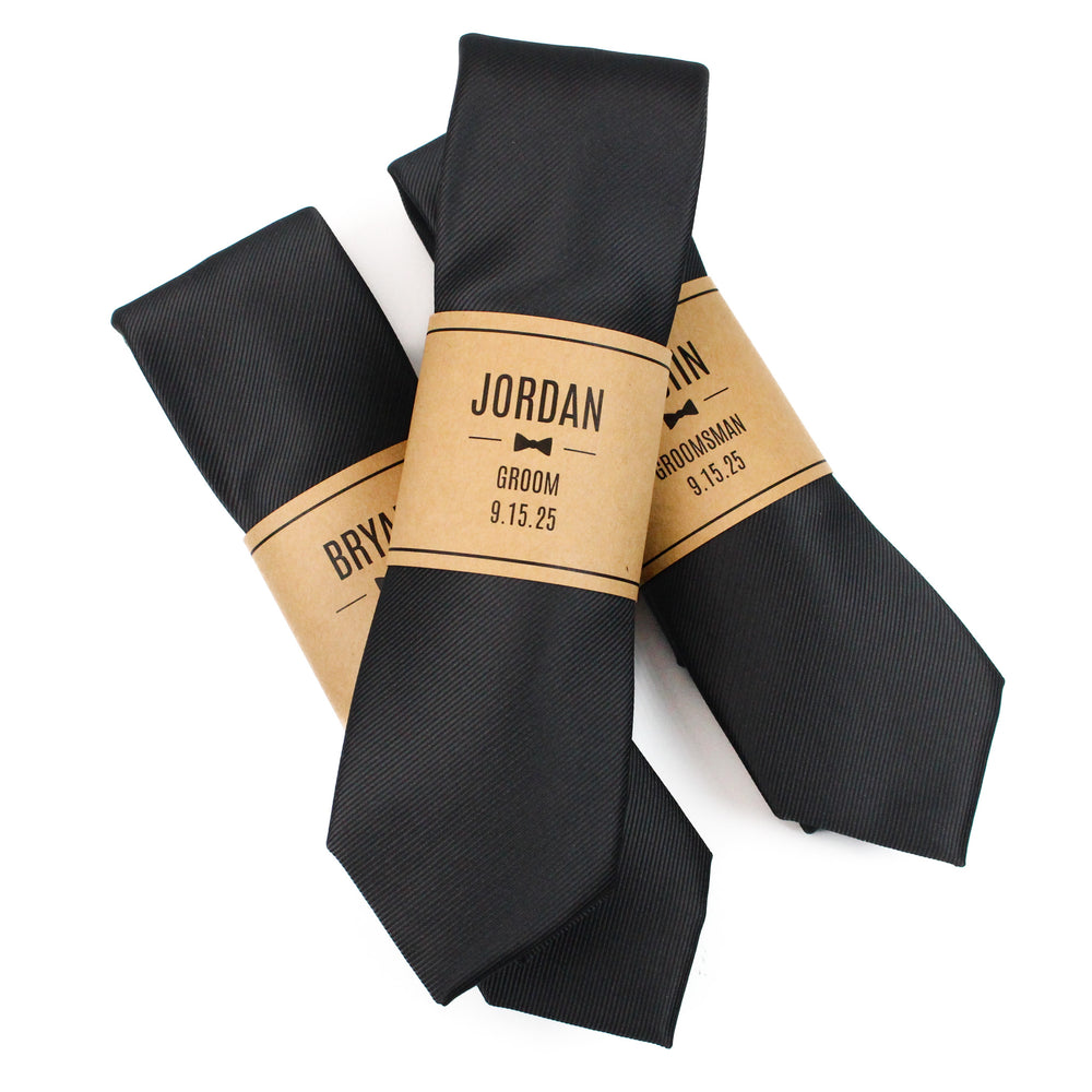 Black Solid Grosgrain Wedding Tie with Personalized Label