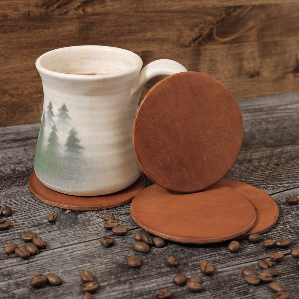 Brown Leather Coaster Set Made From Premium Full-Grain Leather