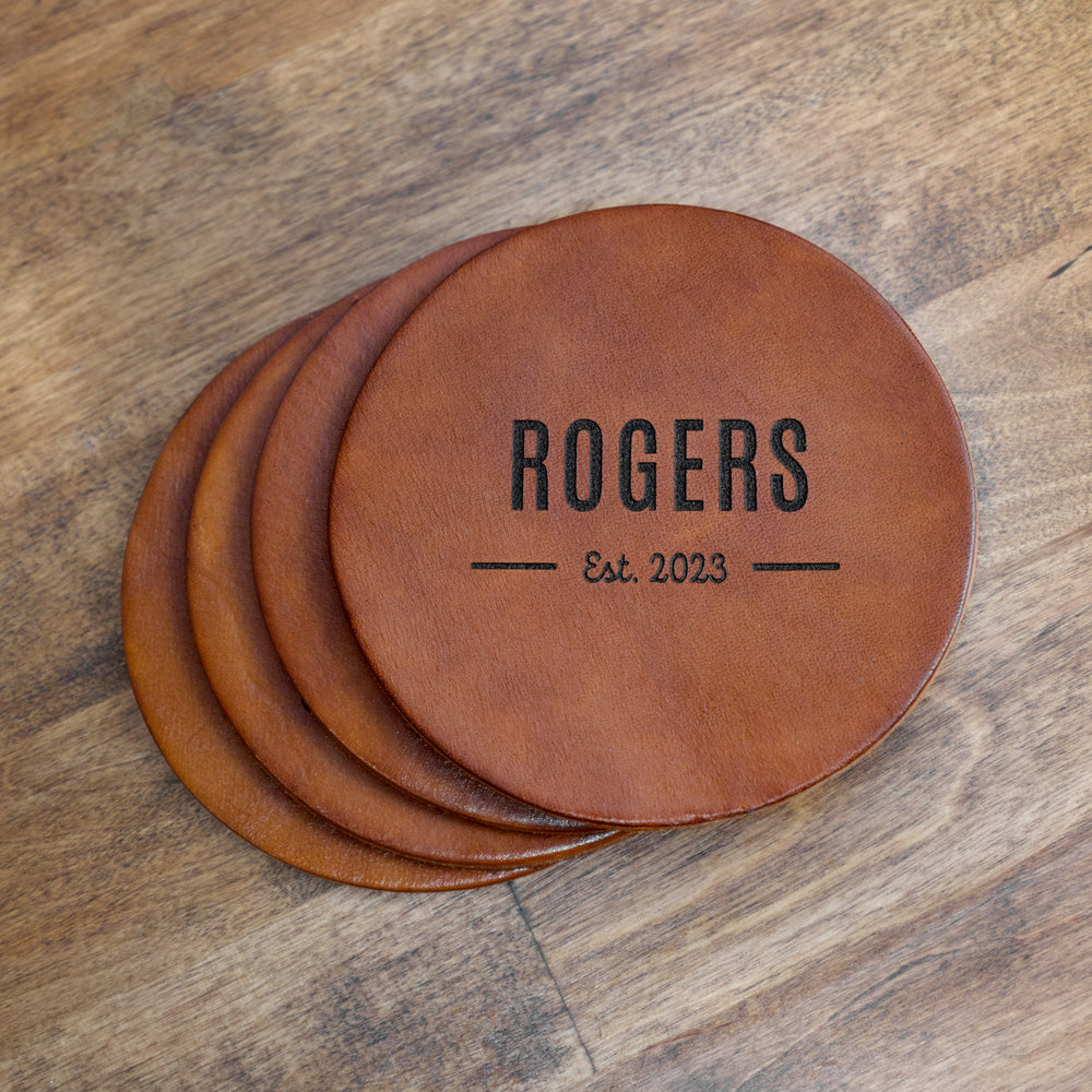 Brown Leather Personalized Coaster Set of 4 for Wedding Party or Groomsmen Gift