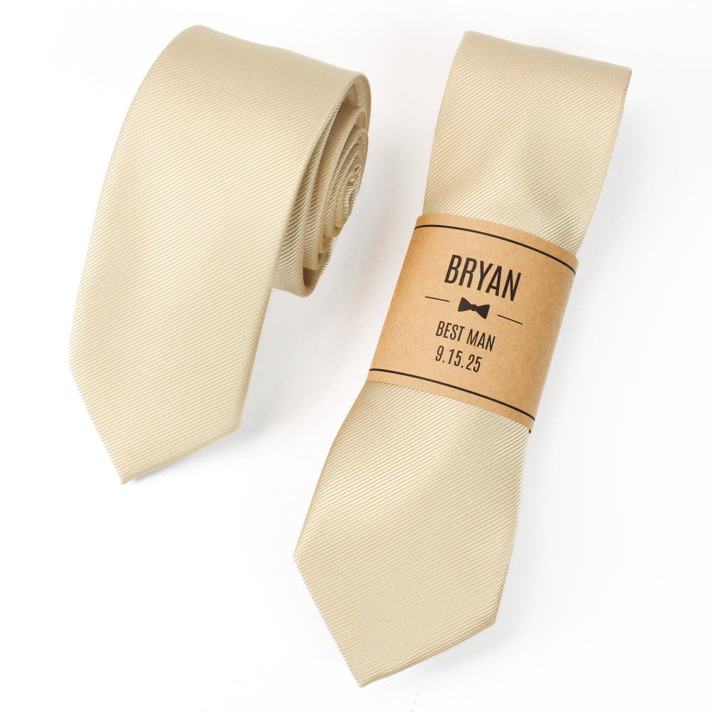 
                  
                    Champagne Solid Grosgrain Wedding Tie with Personalized Label
                  
                