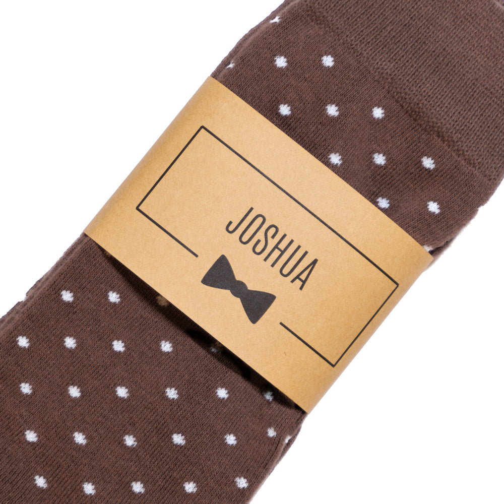 
                  
                    Dark Brown Polka Dot Dress Socks with Personalized Labels for Groomsmen Gifts
                  
                