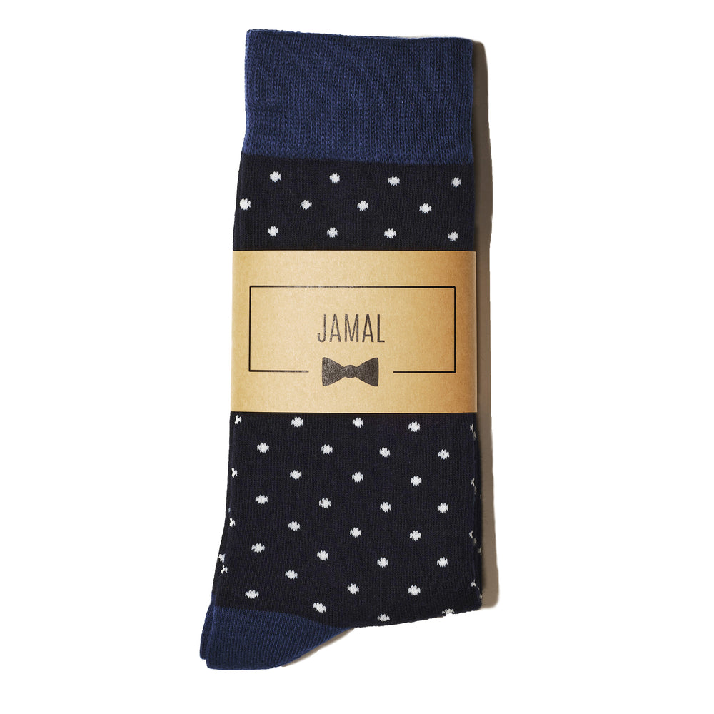 Navy Polka Dot Groomsmen Socks with Personalized Labels by Groomsman Gear