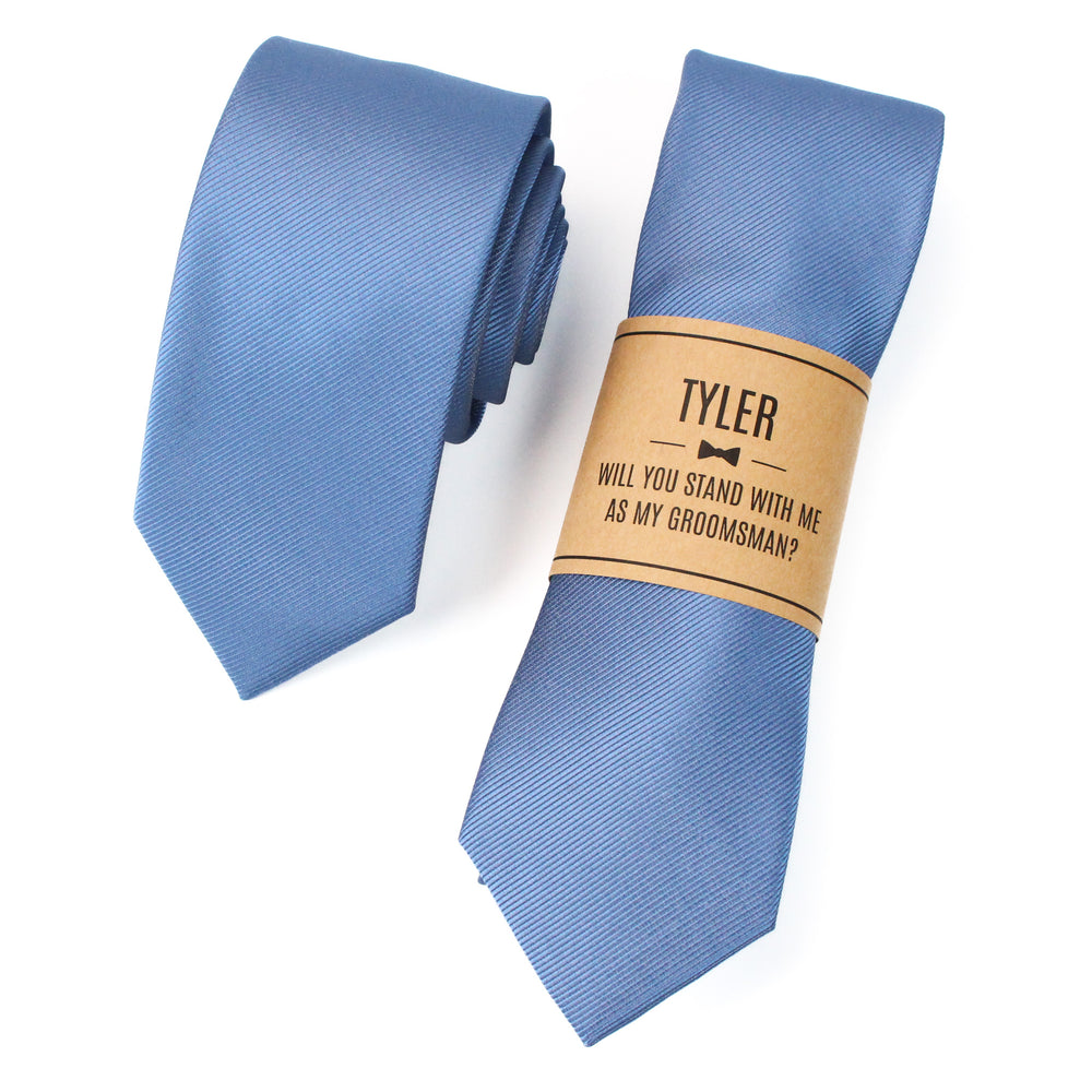 
                  
                    Dusty Blue Solid Grosgrain Wedding Tie with Personalized Label
                  
                