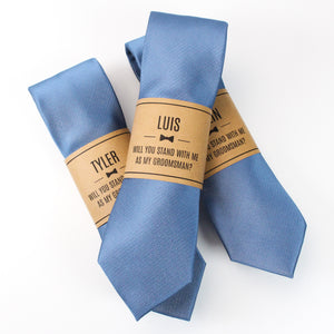 
                  
                    Dusty Blue Solid Grosgrain Wedding Tie with Personalized Label
                  
                