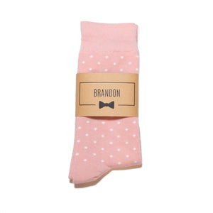 
                  
                    Dusty Rose Pink Polka Dot Dress Socks with Personalized Labels for Groomsmen Gifts
                  
                