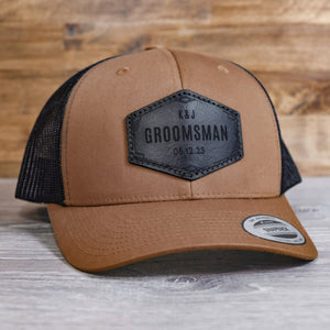 
                  
                    Groomsmen Trucker Hats with Custom Hexagon Leather Patch
                  
                
