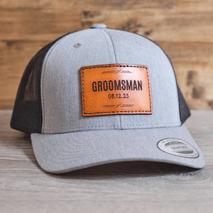 
                  
                    Custom Wedding Party Groomsmen Hat with Engraved Tan Patch
                  
                