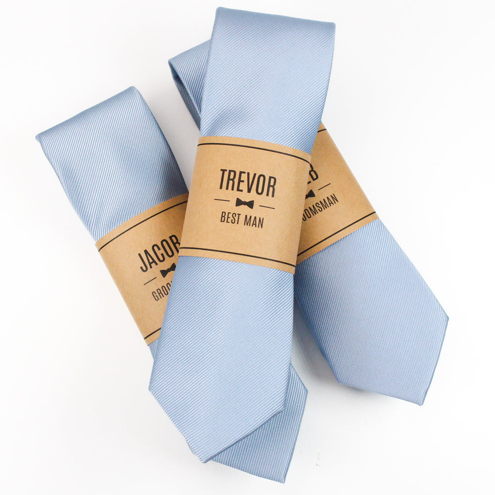 Light Blue Solid Grosgrain Wedding Tie with Personalized Label