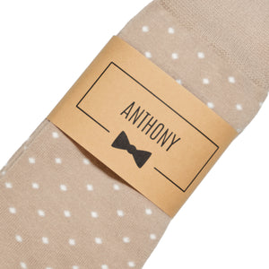 
                  
                    Light Brown Latte Polka Dot Dress Socks with Personalized Labels for Groomsmen Gifts
                  
                