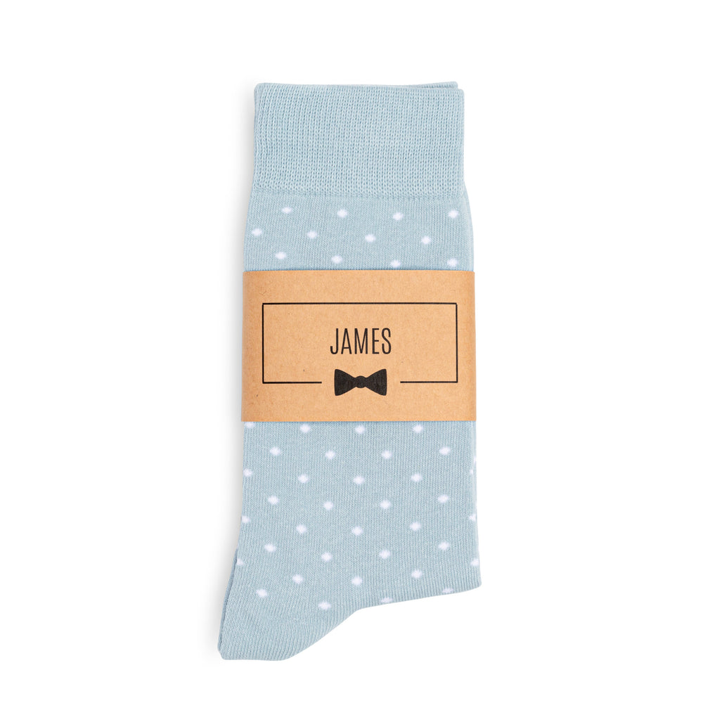 Light Dusty Blue Polka Dot Groomsmen Socks with Custom Label