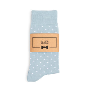 
                  
                    Light Dusty Blue Polka Dot Groomsmen Socks with Custom Label
                  
                