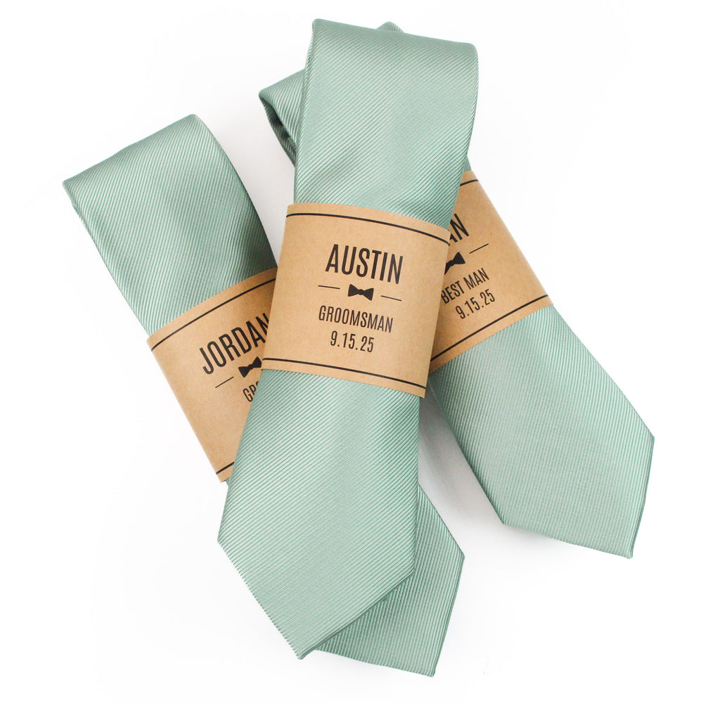 Light Sage Green Solid Grosgrain Wedding Tie with Personalized Label