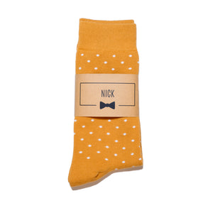 
                  
                    Marigold Golden Yellow Polka Dot Dress Socks with Personalized Labels for Groomsmen Gifts
                  
                