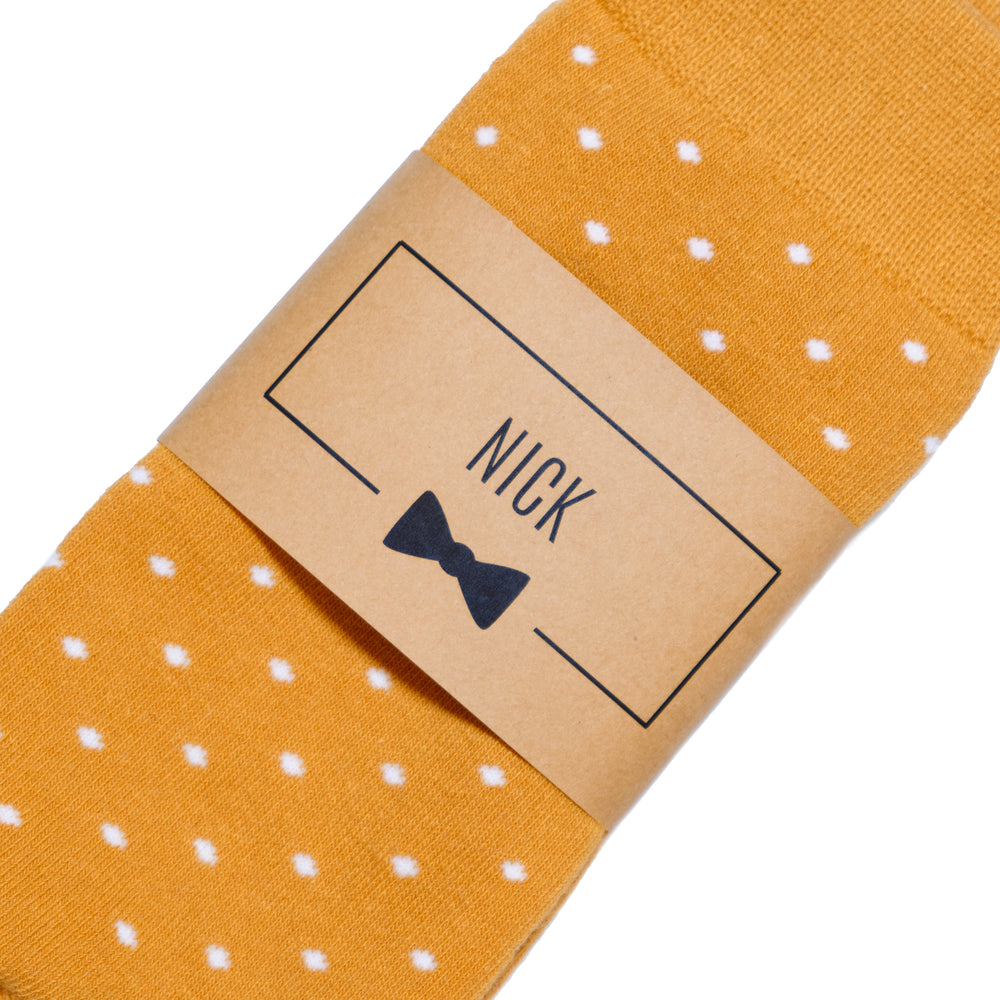 
                  
                    Marigold Golden Yellow Polka Dot Dress Socks with Personalized Labels for Groomsmen Gifts
                  
                