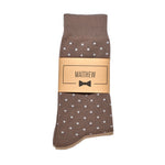 Mocha Brown Polka Dot Dress Socks with Personalized Labels for Groomsmen Gifts