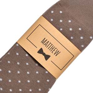 
                  
                    Mocha Brown Polka Dot Dress Socks with Personalized Labels for Groomsmen Gifts
                  
                