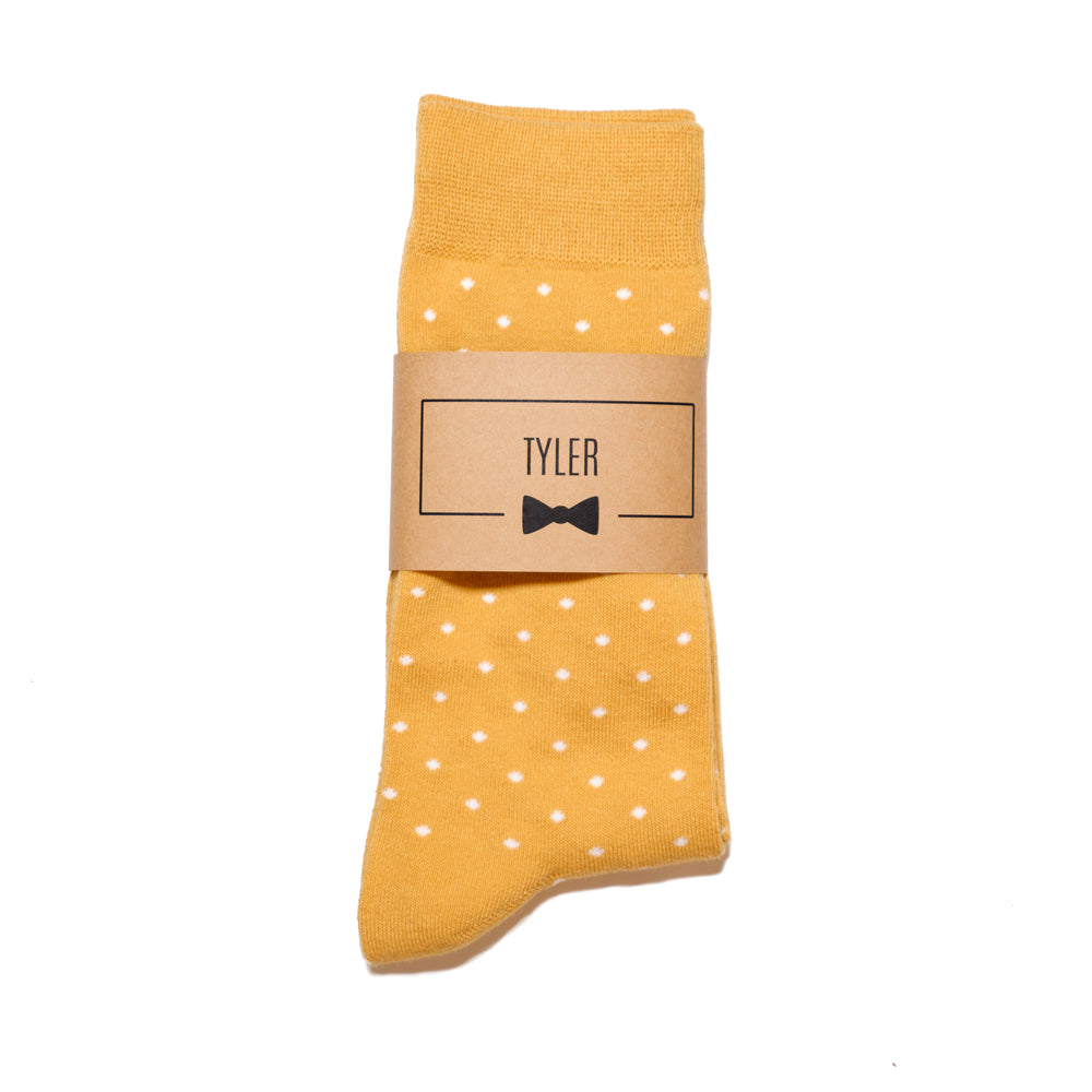 
                  
                    Mustard Yellow Polka Dot Dress Socks with Personalized Labels for Groomsmen Gifts
                  
                