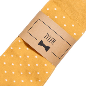 
                  
                    Mustard Yellow Polka Dot Dress Socks with Personalized Labels for Groomsmen Gifts
                  
                