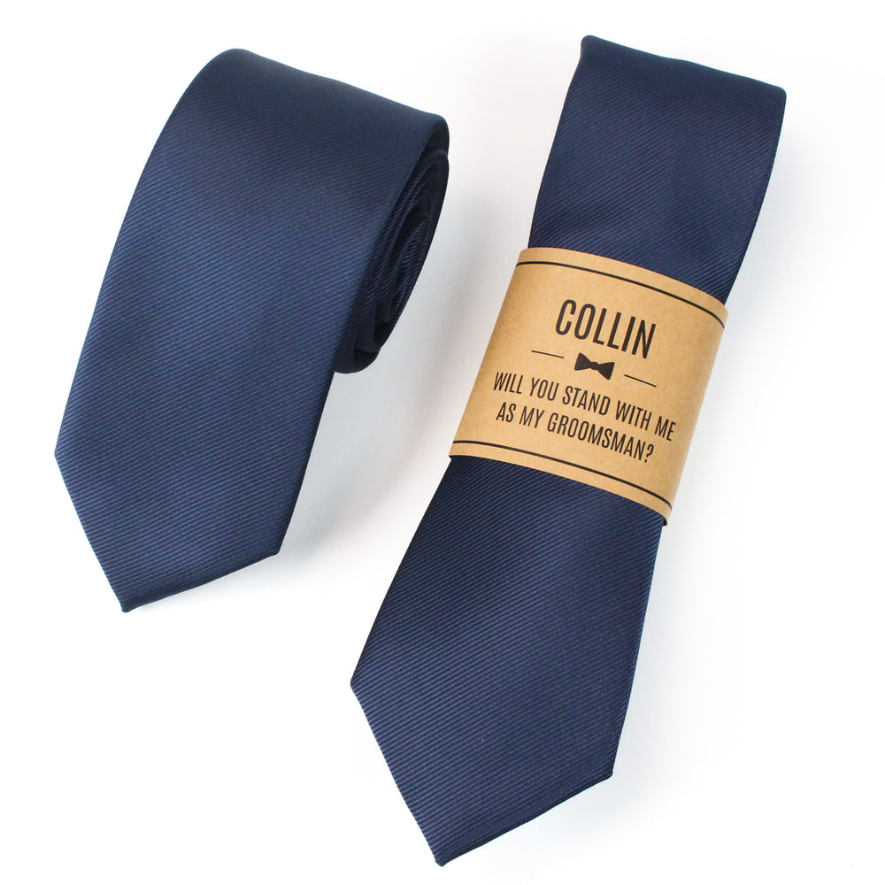 
                  
                    Navy Blue Solid Grosgrain Wedding Tie with Personalized Label
                  
                