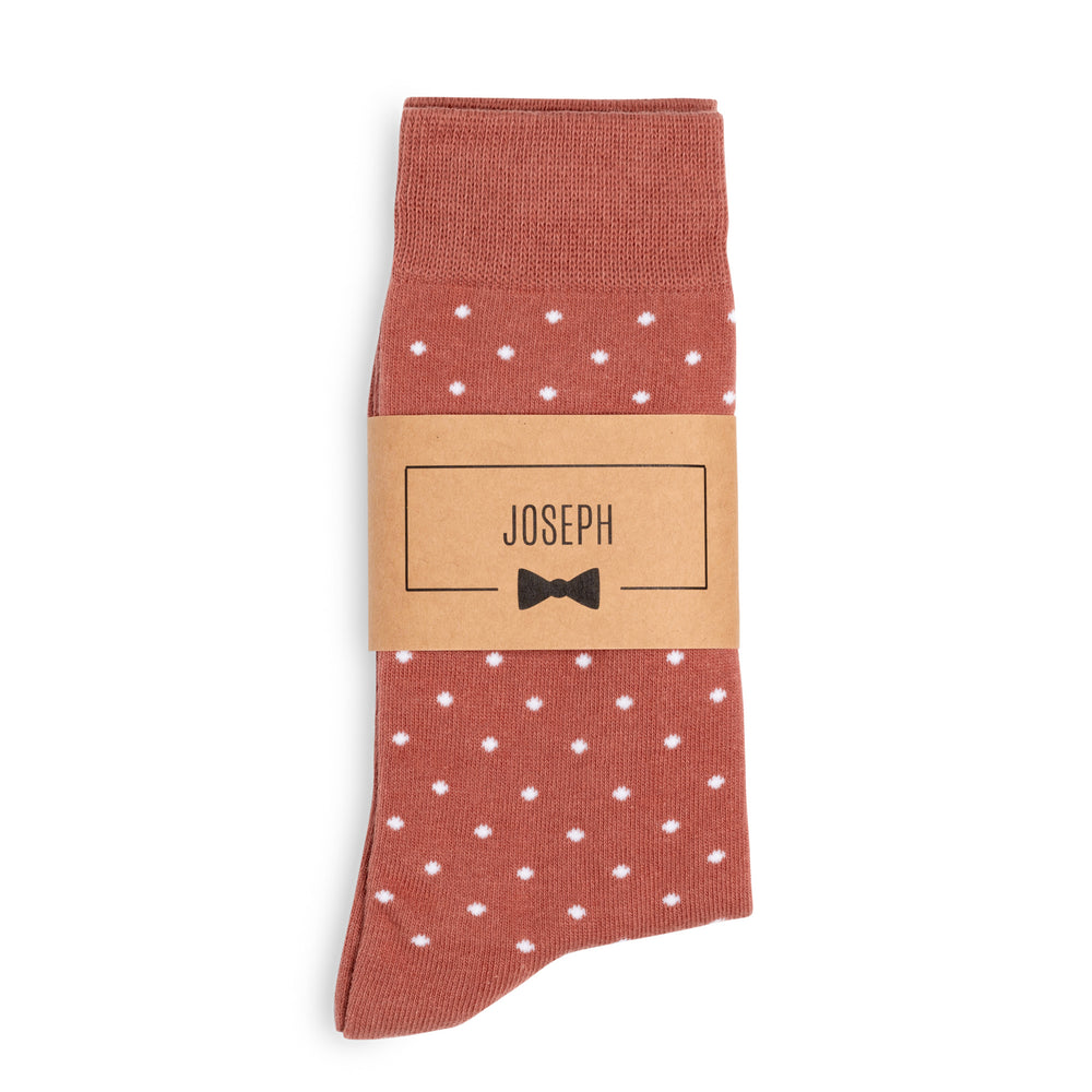 
                  
                    Terracotta Rust Polka Dot Groomsmen Socks with Custom Label
                  
                