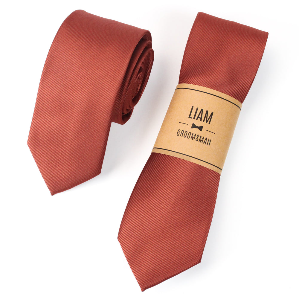 
                  
                    Terracotta Rust Solid Grosgrain Wedding Tie with Personalized Label
                  
                