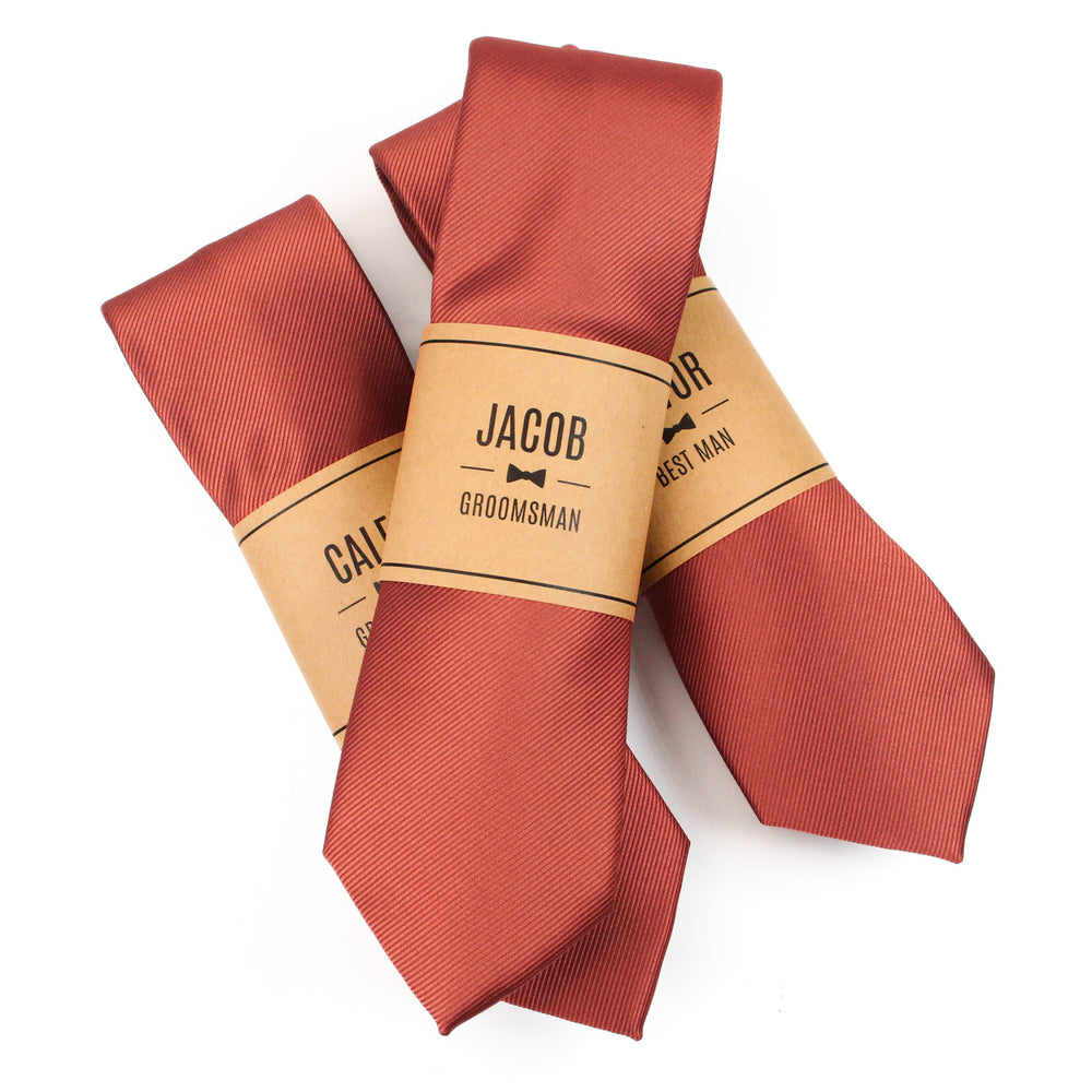 Terracotta Rust Solid Grosgrain Wedding Tie with Personalized Label