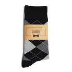 Black & Grey Argyle Groomsmen Socks with Personalized Label