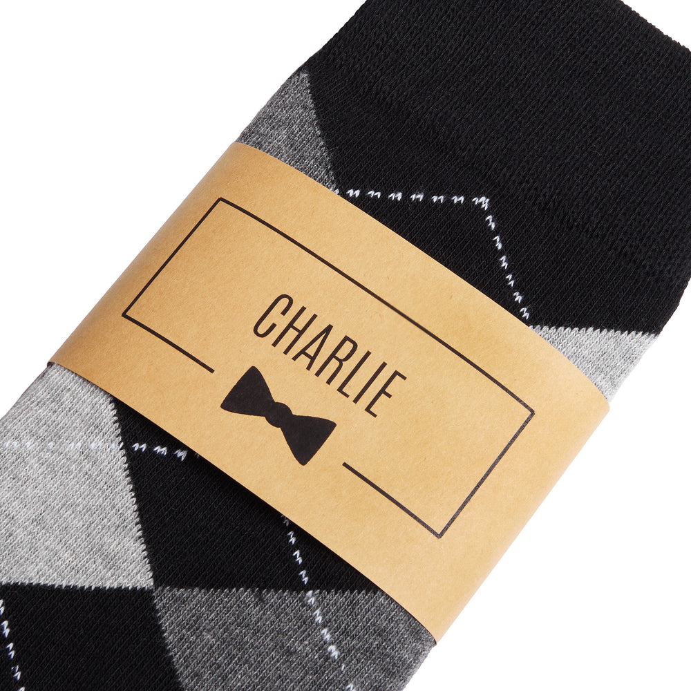 
                  
                    Black & Grey Argyle Groomsmen Socks with Personalized Label
                  
                