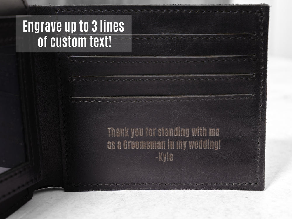
                  
                    Black Leather Wallet with 3 Lines of Engraving Text
                  
                