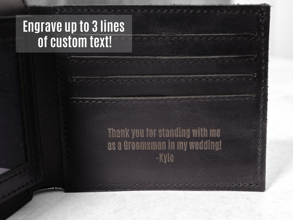 Wallet Text Personalized Bifold Leather Wallet for Men | Black โ Groomsman Gear