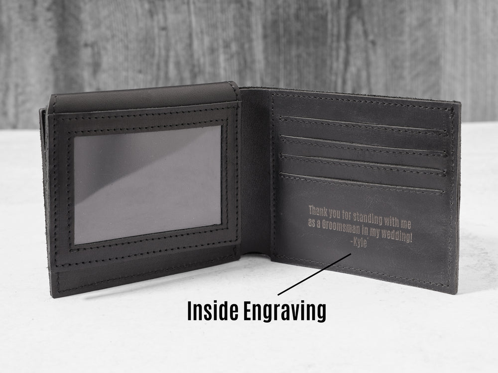 
                  
                    Black Leather Bifold Wallet with Custom Engraving Message
                  
                