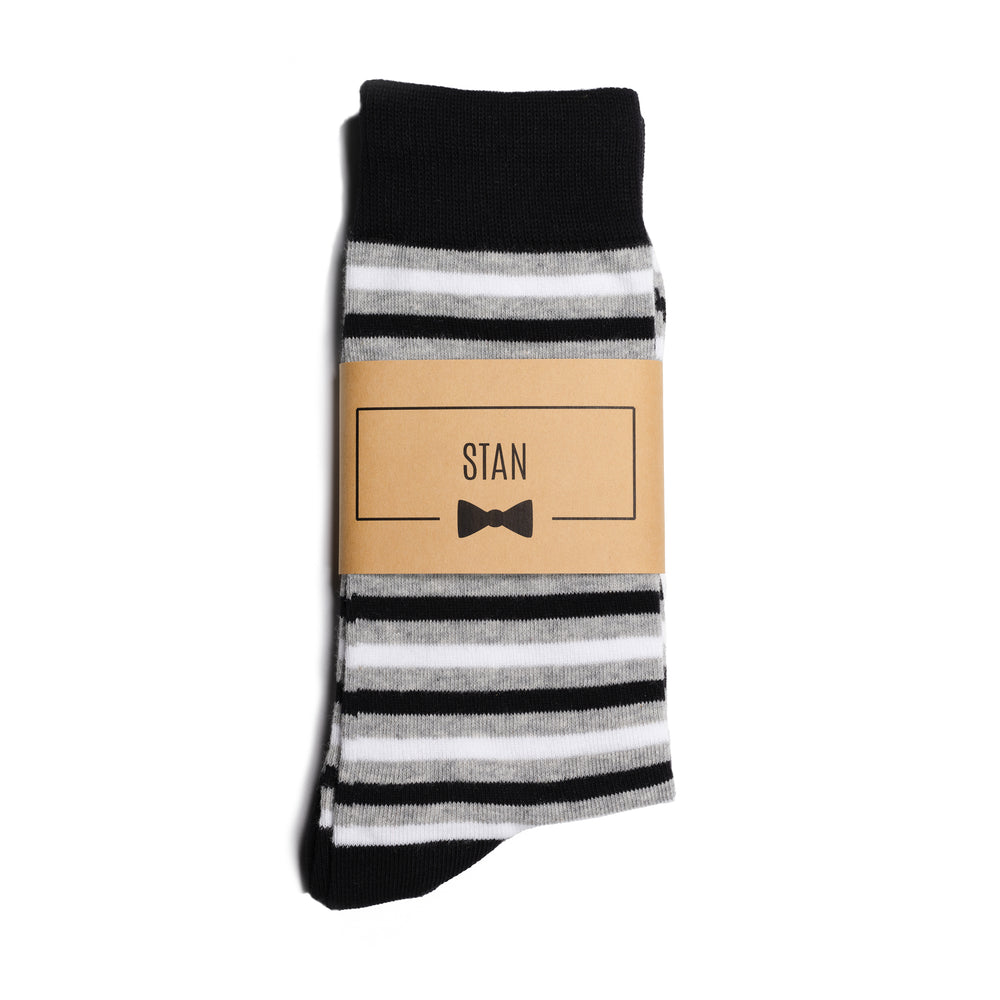
                  
                    Black & Grey Striped Dress Socks with Personalized Labels for Groomsmen Gifts
                  
                