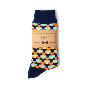 
                  
                    Blue and Orange Funky Groomsmen Socks with Personalized Labels
                  
                