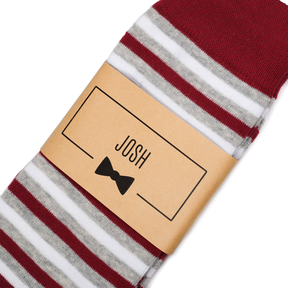 
                  
                    Burgundy Striped Dress Socks with Personalized Labels for Groomsmen Gifts
                  
                