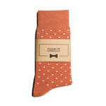 Burnt Orange Polka Dot Dress Socks with Personalized Labels for Groomsmen Gifts