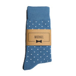 Dusty Blue Polka Dot Dress Socks with Personalized Labels for Groomsmen Gifts
