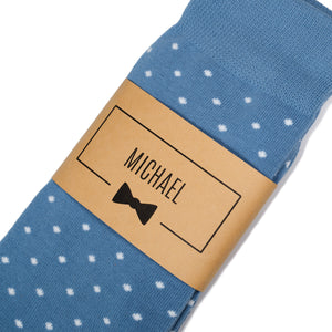 
                  
                    Dusty Blue Polka Dot Dress Socks with Personalized Labels for Groomsmen Gifts
                  
                