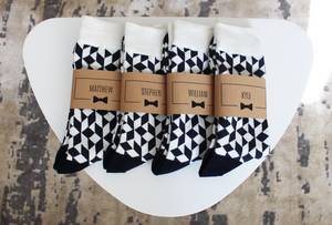 
                  
                    Navy and White Funky Groomsmen Socks with Personalized Labels
                  
                