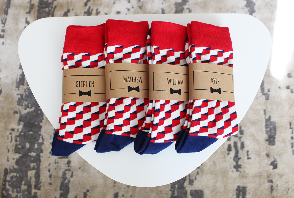
                  
                    Red White and Blue Funky Groomsmen Socks with Labels
                  
                