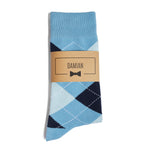 Light Blue & Navy Argyle Groomsmen Socks with Personalized Label