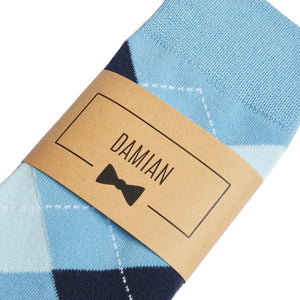 
                  
                    Light Blue & Navy Argyle Groomsmen Socks with Personalized Label
                  
                
