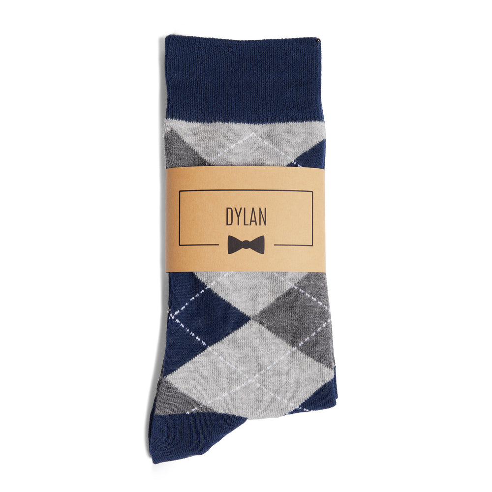 
                  
                    Navy Blue & Grey Argyle Groomsmen Socks with Personalized Labels
                  
                