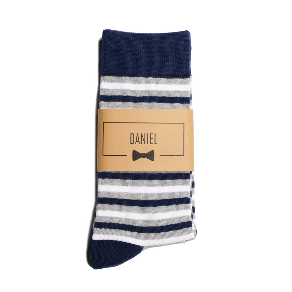 Navy Blue Striped Dress Socks with Personalized Labels for Groomsmen Gifts