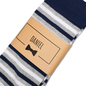 
                  
                    Navy Blue Striped Dress Socks with Personalized Labels for Groomsmen Gifts
                  
                