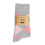 Pink & Grey Argyle Groomsmen Socks with Personalized Label